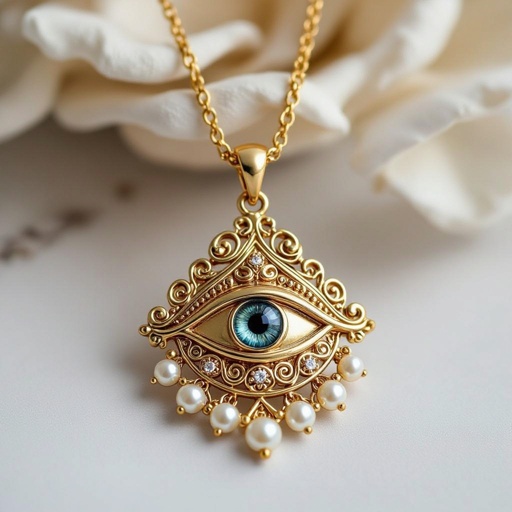 Кулон на длинной цепочке. Матовое светлое золото. В цепочке небольшие золотые шарики и жемчуг. Кулон это перевернутый глаз, снизу еще два глаза узоры завитушки 