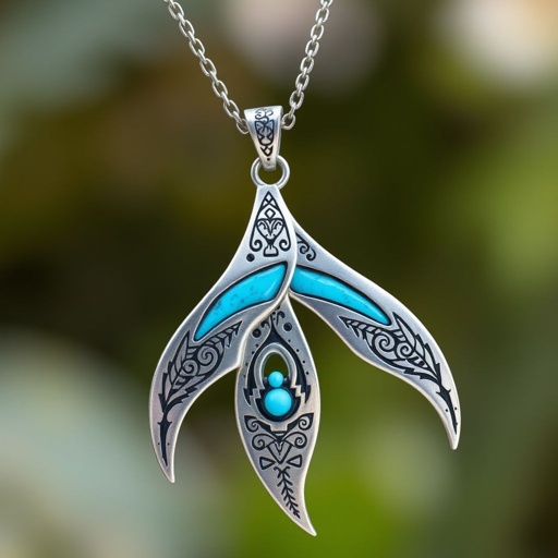 Silver pendant in the shape of ice skating blades with a turquoise stripe within the blade