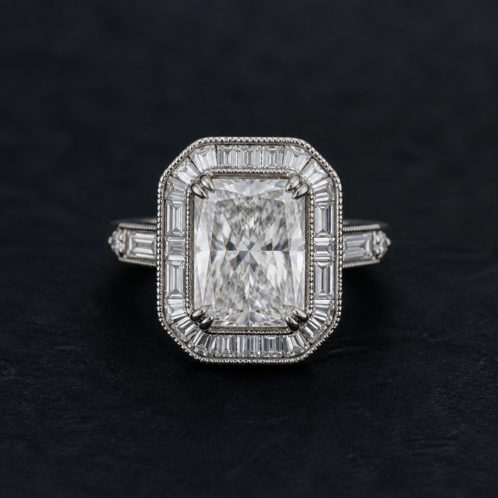 Radiant cut diamond centre with baguette halo
photorealistic jewelry design, Radiant cut diamond centre with baguette halo
, vintage style, just the design no text