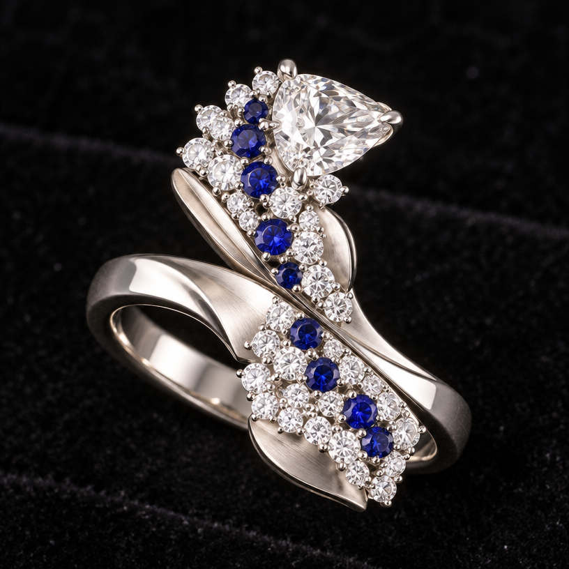 A contemporary women's ring made of white gold with diamond and sapphire stones. design ring using the photo for gem size reference. the ring should contain 33 of the smaller diamonds, 7 of the sapphires, and the one larger diamond.
using the attached image as a visual reference, create A contemporary women's ring made of white gold with diamond and sapphire stones. design ring using the photo for gem size reference. the ring should contain 33 of the smaller diamonds, 7 of the sapphires, and the one larger diamond.. photorealistic, just the design no text