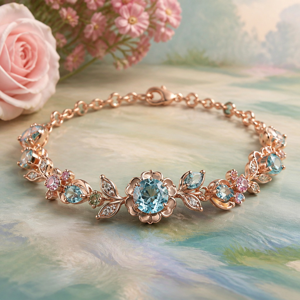 A romantic women's bracelet made of rose gold with aquamarine stones suitable for anniversary. mimics the soft textures and colors of the painting, using greens, blues, and hints of pink style, ultra realistic.
photorealistic jewelry design, A romantic women's bracelet made of rose gold with aquamarine stones suitable for anniversary. mimics the soft textures and colors of the painting, using greens, blues, and hints of pink style, ultra realistic., romantic style, just the design no text
