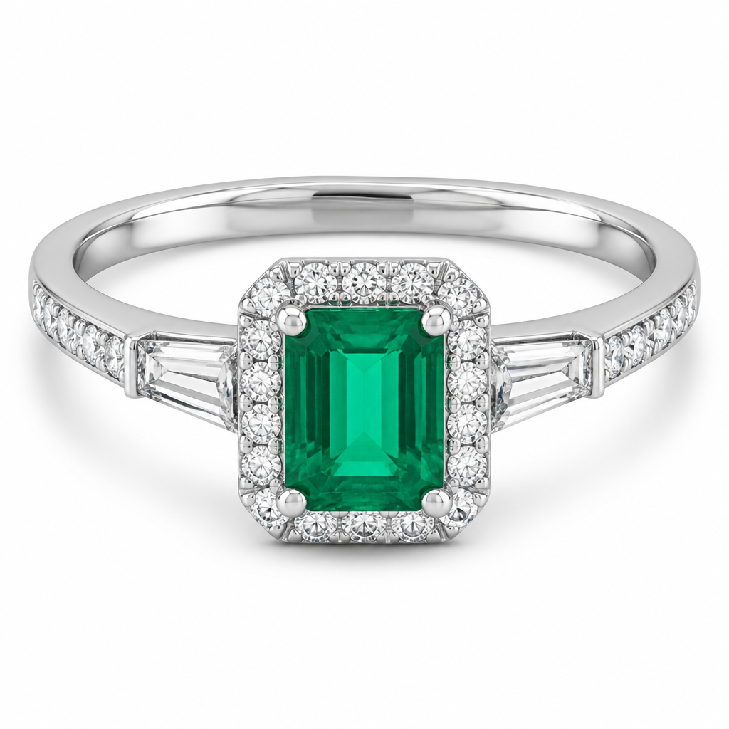 A classic women's ring made of white gold with emerald stones
photorealistic jewelry design, A classic women's ring made of white gold with emerald stones, classic style, just the design no text