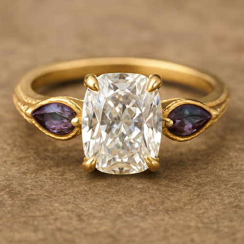 2 carat elongated cushion cut diamond with claw prongs and marquise alexandrite side stones set in a yellow gold flared shank 