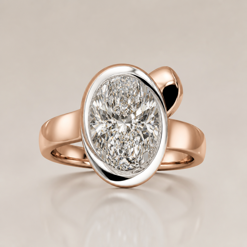 A women's ring. KEEP THE EXACT BEZEL DESIGN
10ct oval diamond 16mmx11mm
platinum closed basket and bezel
10k rose gold band 4mm wide tapered down
Euro shank
comfort style
using the attached image as a visual reference, create A women's ring. KEEP THE EXACT BEZEL DESIGN
10ct oval diamond 16mmx11mm
platinum closed basket and bezel
10k rose gold band 4mm wide tapered down
Euro shank
comfort style. photorealistic, just the design no text
