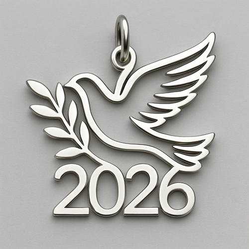 Slim Silver cut-out charm blending together only the two spread out wings of a bird, an olive branch and  along year 2026