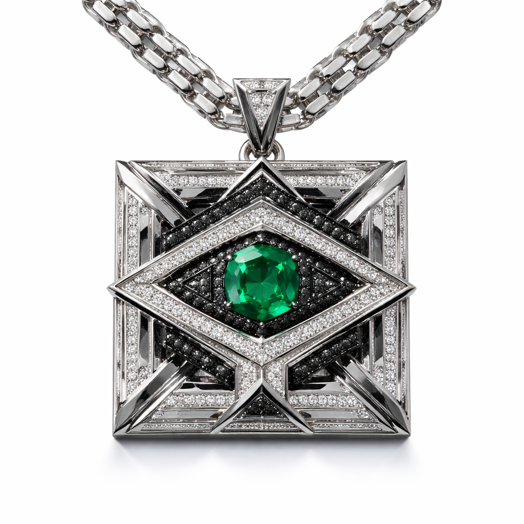 Geomatric architecture square shape adding green emerald like eye for men with white and black diamonds pendant and chain of angles and shapes of white background