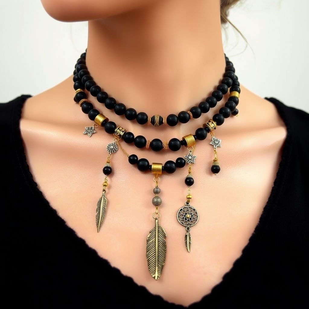 Rosary style choker with black beads