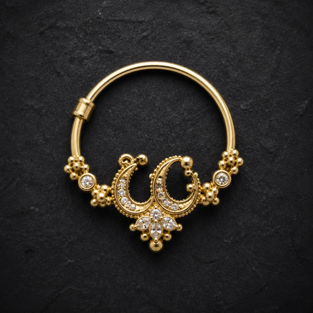 Create a nose ring with UC on it
photorealistic jewelry design, Create a nose ring with UC on it, heritage style, just the design no text