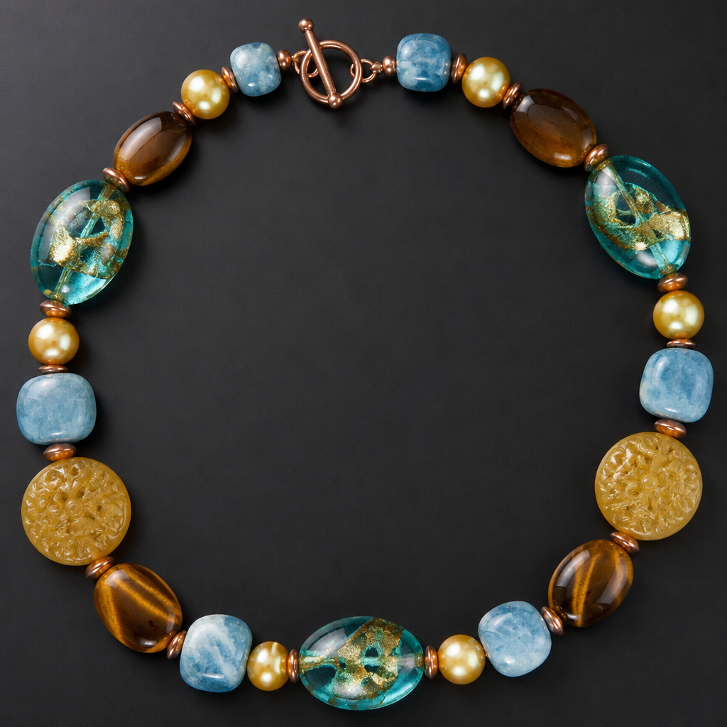 Venetian turquoise colored Glass with gold foiled swirl beads 26mm x 16mm, Larimar tumbles 12mm x 13mm beads, gold genuine freshwater pearls 8mm, 17mm carved yellow/gold Jade round beads, 12mm x 17mm oval tigers eye beads, 5mm x 10mm rondels copper beads, necklace
photorealistic jewelry design, Venetian turquoise colored Glass with gold foiled swirl beads 26mm x 16mm, Larimar tumbles 12mm x 13mm beads, gold genuine freshwater pearls 8mm, 17mm carved yellow/gold Jade round beads, 12mm x 17mm oval tigers eye beads, 5mm x 10mm rondels copper beads, necklace , nature_inspired style, just the design no text
