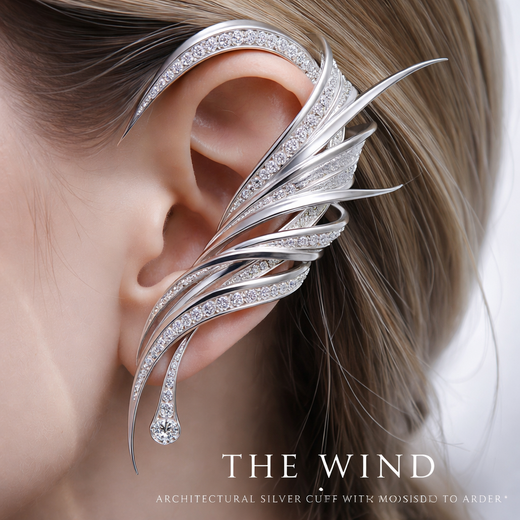 Architecture shape of Cuff "The Wind" Silver, moissanites. Individually made to fit the ear, available on pre-order.
