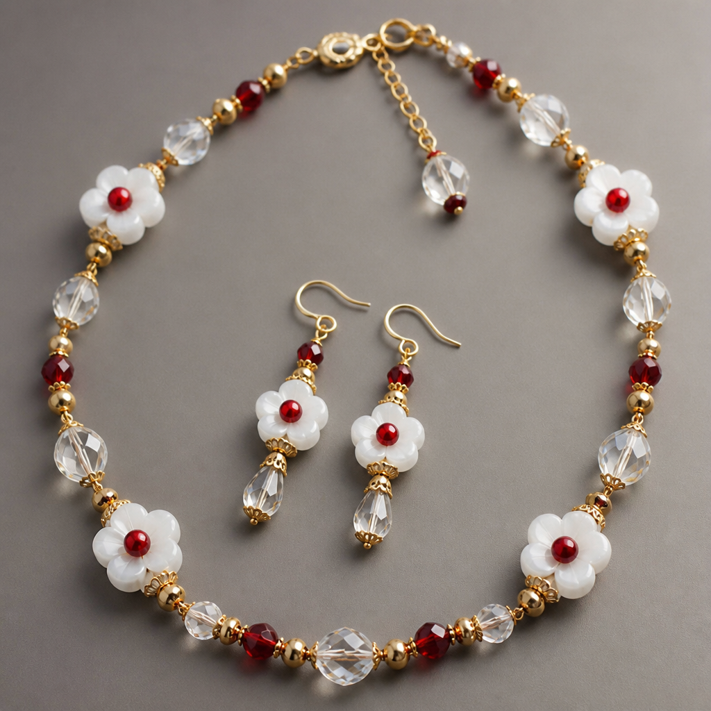 ""Murano glass white flower beads with red center beads gold beads and findings with rock crystal quartz beads and red crystal beads
photorealistic jewelry design, ""Murano glass white flower beads with red center beads gold beads and findings with rock crystal quartz beads and red crystal beads, classic style, just the design no text