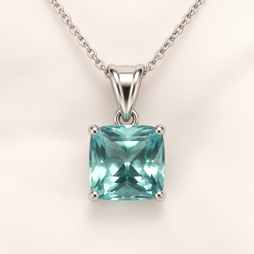 A classic women's pendant made of white gold. 2.8 ct square cushion cut neon blue green beryl
using the attached image as a visual reference, create A classic women's pendant made of white gold. 2.8 ct square cushion cut neon blue green beryl. photorealistic, just the design no text