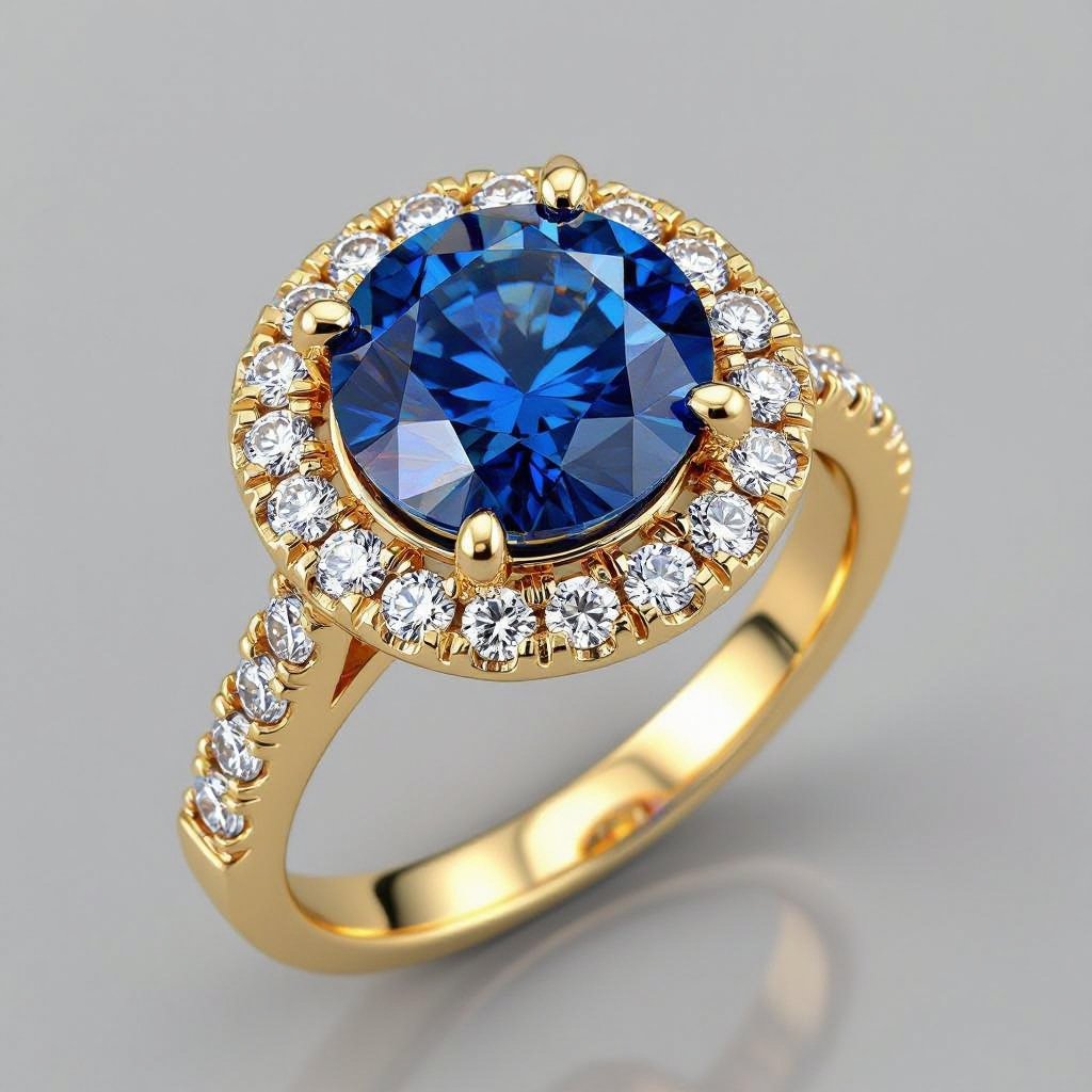 Halo ring with blue stones in yellow gold 