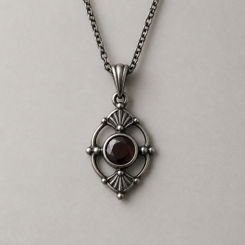 A vintage women's pendant made of titanium with garnet stones suitable for daily wear, minimalist, simple and delicate, clean lines
photorealistic jewelry design, A vintage women's pendant made of titanium with garnet stones suitable for daily wear, minimalist, simple and delicate, clean lines, vintage style, just the design no text