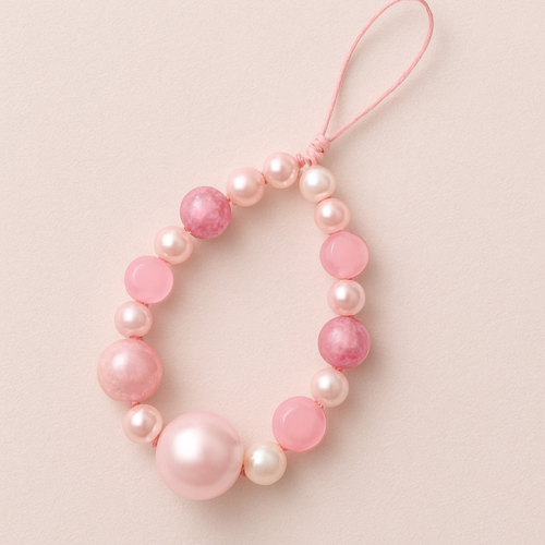 Pink phone charm using small pearls pink galaxies circles one pink big pearl abd one big white pearl abd small circle beads and pink circle beads 