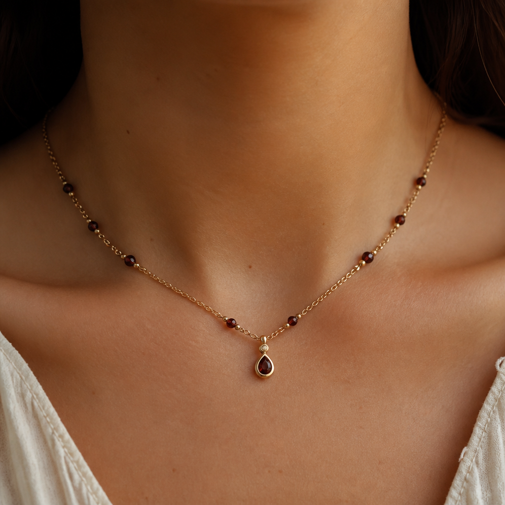 A bohemian women's necklace made of gold with garnet stones suitable for daily wear, minimalist, simple and delicate, clean lines
photorealistic jewelry design, A bohemian women's necklace made of gold with garnet stones suitable for daily wear, minimalist, simple and delicate, clean lines, bohemian style, just the design no text