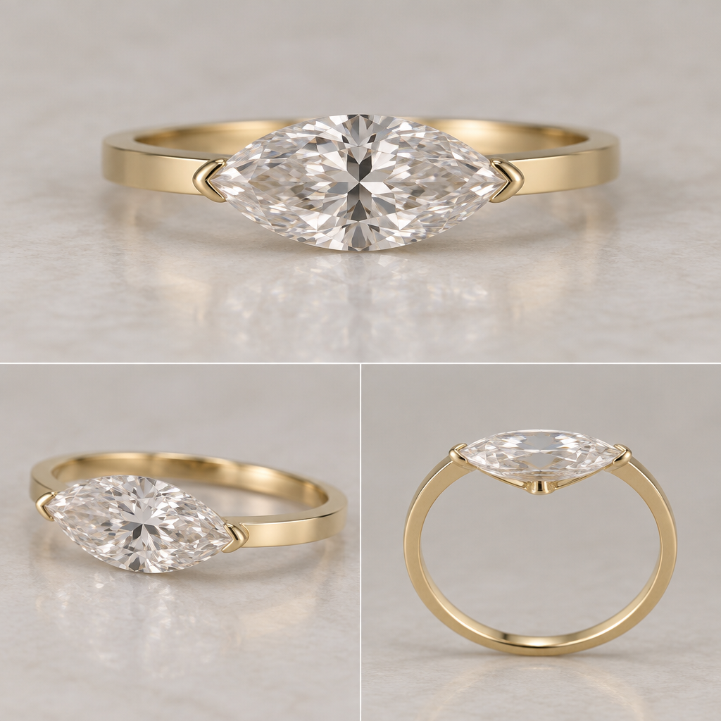 A women's ring, detailed and decorative, moderately ornate. High-end photorealistic fine-jewelry rendering of a single 1.90 carat marquise-cut diamond mounted east-to-west on a 2.0 mm wide, perfectly flat 18k yellow-gold band. Preserve a true elongated marquise silhouette with sharply pointed east and west tips and elegant curved sides; do not make the stone oval, cushion-like, rounded, or excessively wide. The diamond should dominate the design and appear almost visually unsupported from the face-up view.
The diamond should sit as close to the finger-facing plane of the band as the pavilion geometry safely permits.
Use a minimal hidden under-gallery bridge directly beneath the pavilion rather than a raised basket or cathedral-style support."
Use two exceptionally tiny yellow-gold point claws at the extreme east and west tips. The claws should be delicate, narrow, rounded, and tightly follow the diamond's points, capturing only the minimum amount of girdle necessary. They should visually disappear into the diamond rather than read as large prongs, beads, diamonds, hooks, or metal caps. No bulbous tips, no triangular gold shapes, no oversized prongs.
The flat shank should transition smoothly and continuously into the tiny point claws without raised shoulders, decorative curves, upward hooks, or bulky metal. Keep the entire face-up outline of the marquise unobstructed.
Conceal any additional structural support beneath the pavilion. The support may widen underneath the stone as necessary for a secure daily-wear mounting, but it must remain hidden behind the diamond from the face-up view. Do not expose a large basket, gallery rail, halo, bezel, or decorative under-gallery.
Keep the ring extremely low-profile while maintaining realistic pavilion clearance and physically plausible construction for a 1.90 ct marquise diamond. The diamond must not appear literally unsupported when viewed from the side.
Show the exact same ring in three views: straight-on face-up, 3/4 perspective, and true side/profile. Maintain identical diamond proportions, orientation, scale, band width, and setting architecture in all views. Photorealistic luxury jewelry photography, realistic diamond proportions and pavilion depth, realistic 18k gold thickness, accurate jewelry construction, understated contemporary architectural design.
photorealistic jewelry design, A women's ring, detailed and decorative, moderately ornate. High-end photorealistic fine-jewelry rendering of a single 1.90 carat marquise-cut diamond mounted east-to-west on a 2.0 mm wide, perfectly flat 18k yellow-gold band. Preserve a true elongated marquise silhouette with sharply pointed east and west tips and elegant curved sides; do not make the stone oval, cushion-like, rounded, or excessively wide. The diamond should dominate the design and appear almost visually unsupported from the face-up view.
The diamond should sit as close to the finger-facing plane of the band as the pavilion geometry safely permits.
Use a minimal hidden under-gallery bridge directly beneath the pavilion rather than a raised basket or cathedral-style support."
Use two exceptionally tiny yellow-gold point claws at the extreme east and west tips. The claws should be delicate, narrow, rounded, and tightly follow the diamond's points, capturing only the minimum amount of girdle necessary. They should visually disappear into the diamond rather than read as large prongs, beads, diamonds, hooks, or metal caps. No bulbous tips, no triangular gold shapes, no oversized prongs.
The flat shank should transition smoothly and continuously into the tiny point claws without raised shoulders, decorative curves, upward hooks, or bulky metal. Keep the entire face-up outline of the marquise unobstructed.
Conceal any additional structural support beneath the pavilion. The support may widen underneath the stone as necessary for a secure daily-wear mounting, but it must remain hidden behind the diamond from the face-up view. Do not expose a large basket, gallery rail, halo, bezel, or decorative under-gallery.
Keep the ring extremely low-profile while maintaining realistic pavilion clearance and physically plausible construction for a 1.90 ct marquise diamond. The diamond must not appear literally unsupported when viewed from the side.
Show the exact same ring in three views: straight-on face-up, 3/4 perspective, and true side/profile. Maintain identical diamond proportions, orientation, scale, band width, and setting architecture in all views. Photorealistic luxury jewelry photography, realistic diamond proportions and pavilion depth, realistic 18k gold thickness, accurate jewelry construction, understated contemporary architectural design., modern style, just the design no text