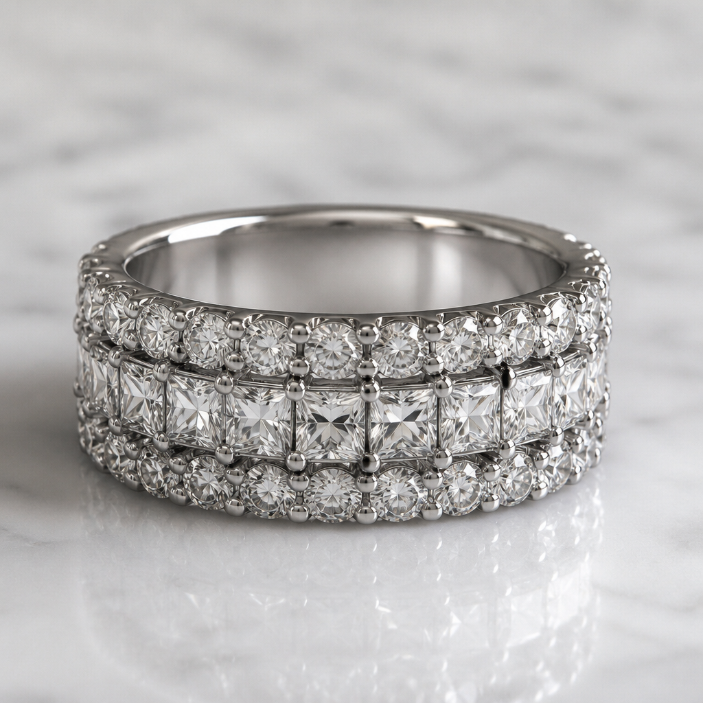 A women's ring made of platinum with diamond stones. eternity ring with a mixture of round and square princess cut diamonds I'd like it to be a thickish band taste like it was maybe 3 rows. The centre row square cup, princess diamonds and the outer rows round.Maybe some negative space the back of the race should just be solid.Platinum, no diamonds. a door so like the diamonds to be claw held
photorealistic jewelry design, A women's ring made of platinum with diamond stones. eternity ring with a mixture of round and square princess cut diamonds I'd like it to be a thickish band taste like it was maybe 3 rows. The centre row square cup, princess diamonds and the outer rows round.Maybe some negative space the back of the race should just be solid.Platinum, no diamonds. a door so like the diamonds to be claw held, modern style, just the design no text