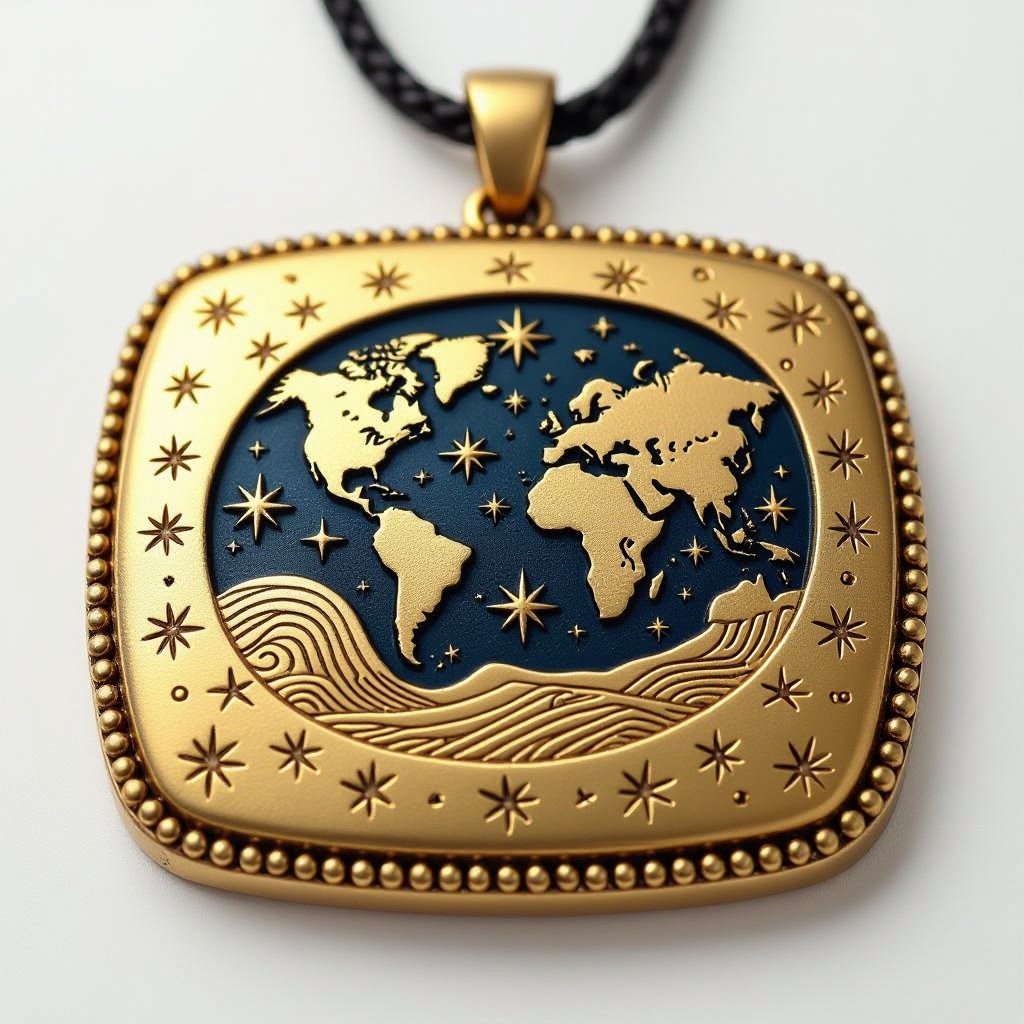 Золотой матовый медальон в форме неровного прямоугольника с округлыми краями. По краям выпуклые точки сплошной линией. На прямоугольнике разные мелкие узоры вырезаны. Символически изображена земля и звезды