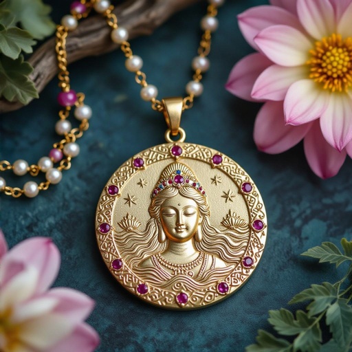 Кулон на длинной цепочке. Матовое светлое золото. В цепочке небольшие золотые шарики и розовые камушки и жемчуга. Кулон в форме неровного мятого круга. На круге изображена богиня кали с длинными волосами лица не видно. Круг украшен лотосами звездами волнами узорами