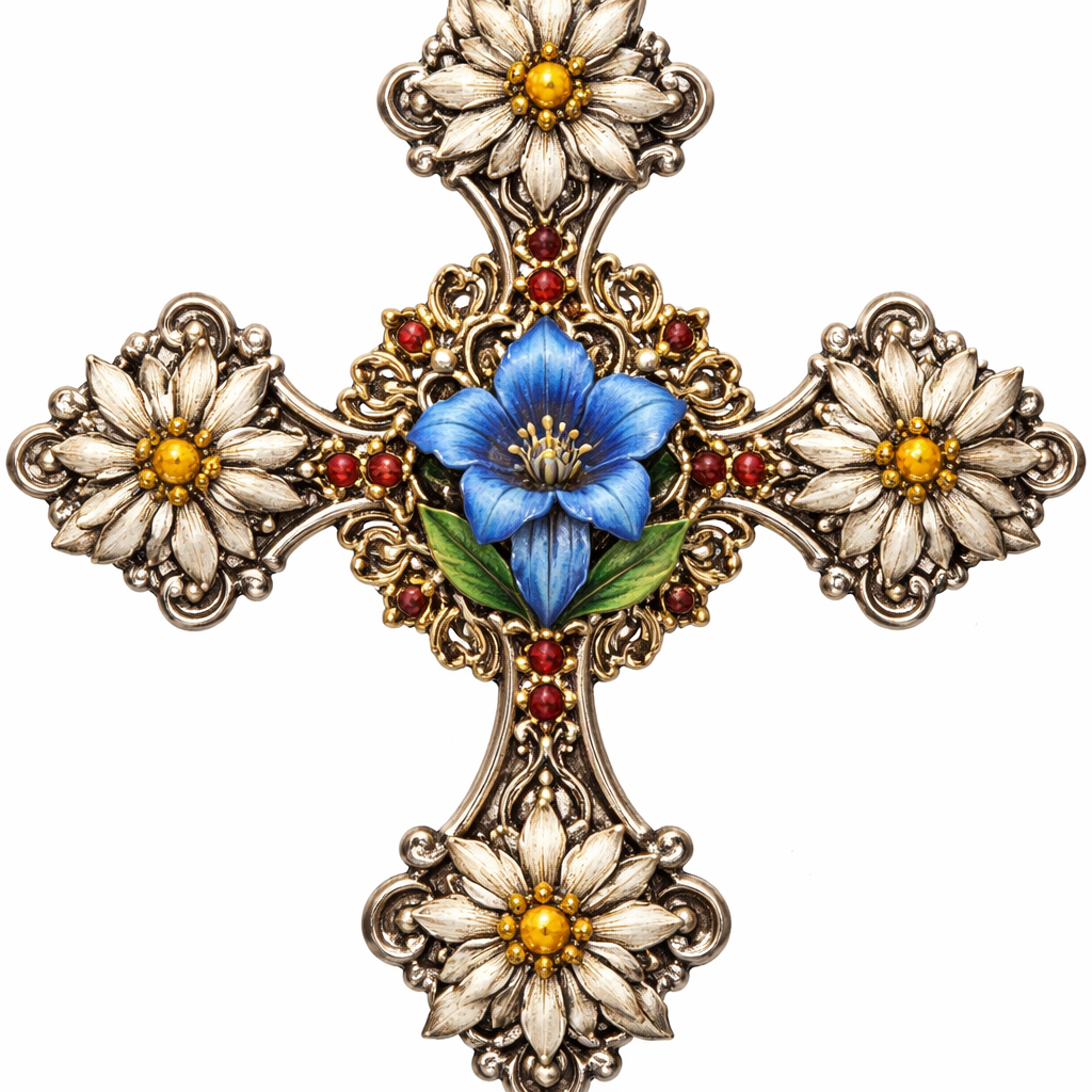 Création d’une croix savoyarde avec gentiane au centre et edelweiss sur chaque extrémité