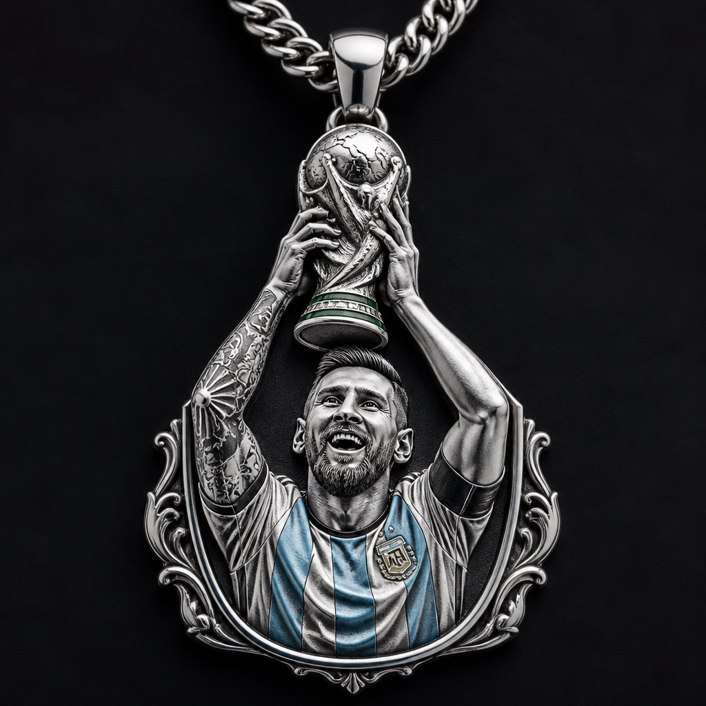 A chain men's pendant made of silver, detailed and decorative, moderately ornate. un colgante para cadena gruesa de messi levantando la copa mundial 2022 con la camisa de Argentina con trazos verdes en la copa celebrando
photorealistic jewelry design, A chain men's pendant made of silver, detailed and decorative, moderately ornate. un colgante para cadena gruesa de messi levantando la copa mundial 2022 con la camisa de Argentina con trazos verdes en la copa celebrando, chain style, just the design no text