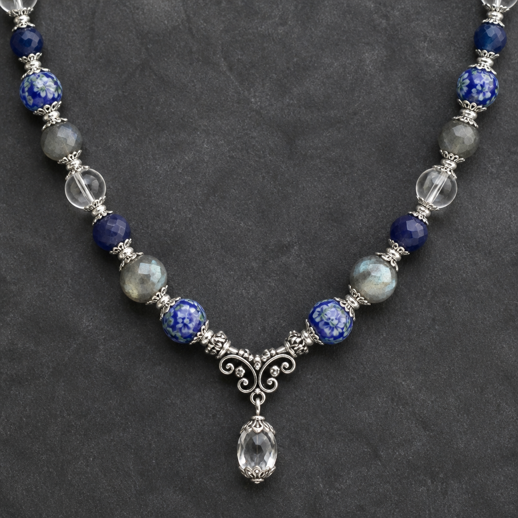 Blue floral milefiori beads 8mm, labradorite faceted rondels 8mm. Sapphire rough cut round beads 8mm beads. Clear crystal quartz 10mm beads silver findings necklace
photorealistic jewelry design, Blue floral milefiori beads 8mm, labradorite faceted rondels 8mm. Sapphire rough cut round beads 8mm beads. Clear crystal quartz 10mm beads silver findings necklace , victorian style, just the design no text