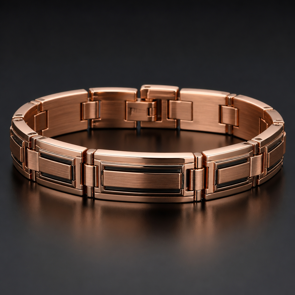 A art deco men's bracelet made of copper suitable for formal
photorealistic jewelry design, A art deco men's bracelet made of copper suitable for formal, art_deco style, just the design no text
