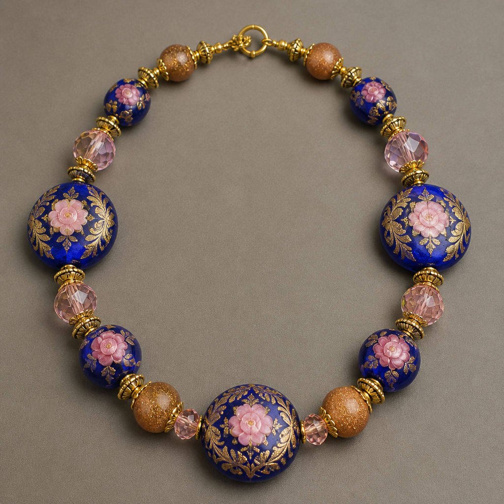 Cobalt Blue and gold with pink flower Wedding cake beads 12mm round, Murano cobalt blue and gold coin beads 25mm, round golden sand stone beads 12mm, pink crystal beads 8mm necklace
photorealistic jewelry design, Cobalt Blue and gold with pink flower Wedding cake beads 12mm round, Murano cobalt blue and gold coin beads 25mm, round golden sand stone beads 12mm, pink crystal beads 8mm necklace, victorian style, just the design no text