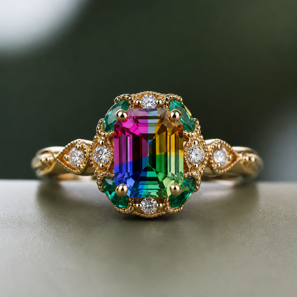 Rainbow diamond in gold band with emerald
photorealistic jewelry design, Rainbow diamond in gold band with emerald
, vintage style, just the design no text