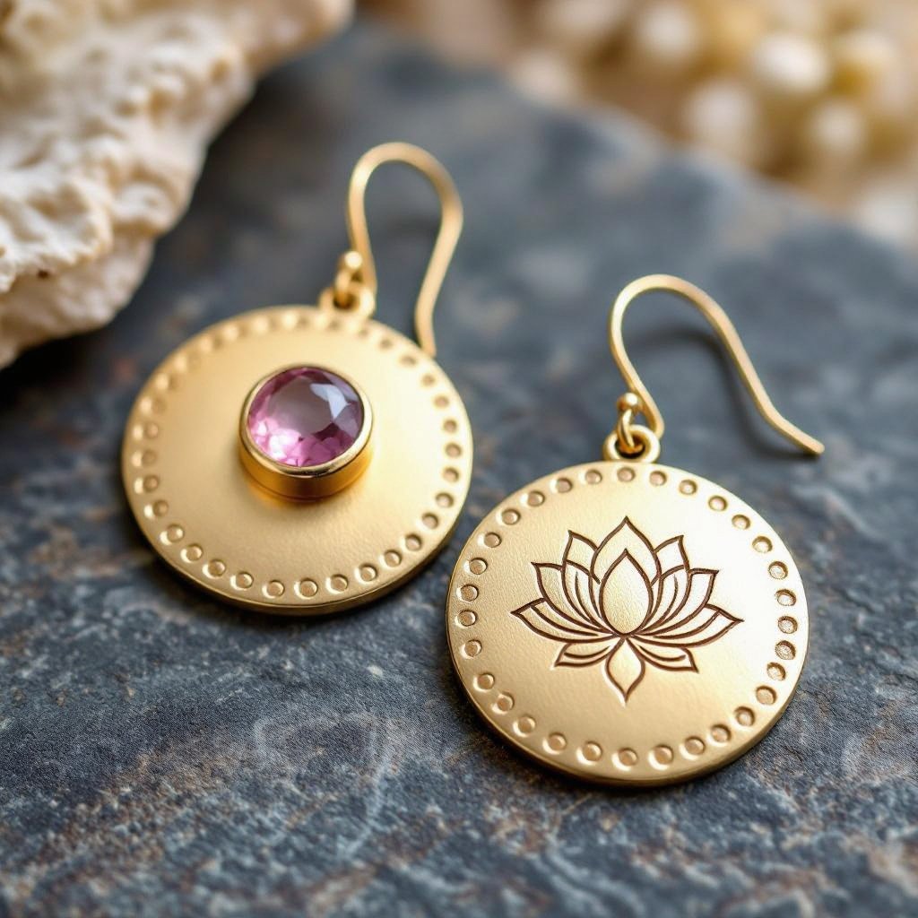 Золотые матовые серьги. Подвеска в виде круга. По окружности выпуклые маленькие точки. В центре выгравирован узор в форме лотоса. В центре лотоса маленький камень из розового кварца