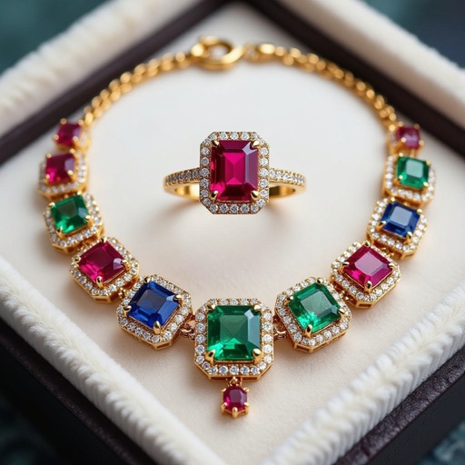 Necklace and ring and earring with luxury colorful jewel with gold