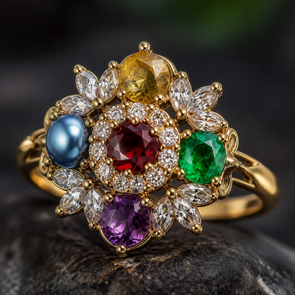 A women's ring with red diamond and yellow ruby and green emerald and blue pearl and purple garnet and white sapphire stones suitable for party
photorealistic jewelry design, A women's ring with red diamond and yellow ruby and green emerald and blue pearl and purple garnet and white sapphire stones suitable for party, ethnic style, just the design no text