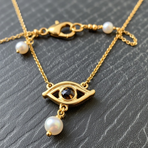 Тонкая цепочка с золотыми шариками и мелкими жемчужными камушками на цепочке есть кулон в форме глаза, зрачок глаза из раухтопаза от глаза идет маленькая подвеска с маленьким камушком 