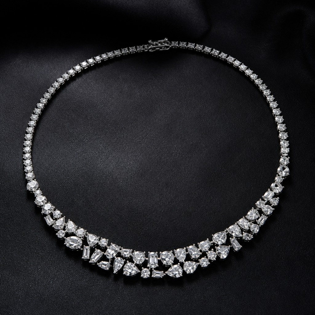 Varioua shape melee diamonds in necklace
photorealistic jewelry design, Varioua shape melee diamonds in necklace, modern style, just the design no text