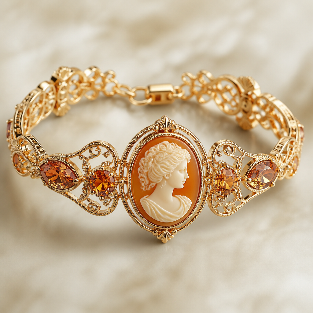 A cameo women's bracelet made of gold with topaz stones suitable for daily wear, highly ornate, intricate and elaborate, richly detailed. delicado y sencillo y que el topacio sea naranja
photorealistic jewelry design, A cameo women's bracelet made of gold with topaz stones suitable for daily wear, highly ornate, intricate and elaborate, richly detailed. delicado y sencillo y que el topacio sea naranja, cameo style, just the design no text