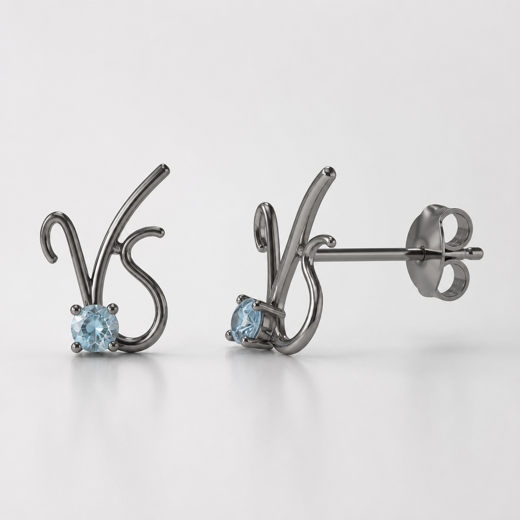 A women's earrings made of titanium with topaz stones. a delicate earrings with a the word VS on it written in cursive handwriting
photorealistic jewelry design, A women's earrings made of titanium with topaz stones. a delicate earrings with a the word VS on it written in cursive handwriting, modern style, just the design no text