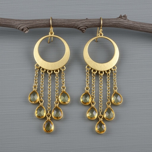 Золотые серьги полумесяц 3 см, сверху крепится к швензе. От полумесяца идет три цепочки золотого цвета, у каждой на конце камушек цитрит