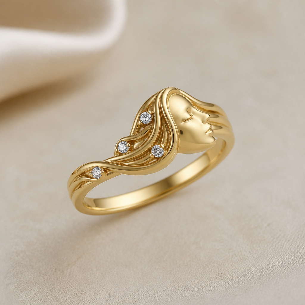 A minimalist women's ring made of gold with diamond stones suitable for gift. A delicate ring featuring a woman’s face, with her flowing hair forming the band.
photorealistic jewelry design, A minimalist women's ring made of gold with diamond stones suitable for gift. A delicate ring featuring a woman’s face, with her flowing hair forming the band., minimalist style, just the design no text