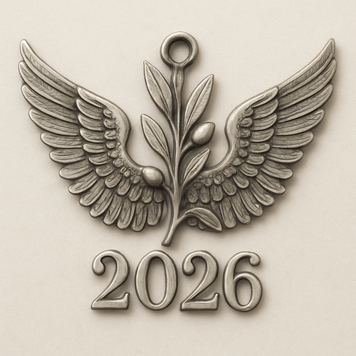 Silver cut-out charm blending together two spread out wings of a bird, an olive branch and  along year 2026
