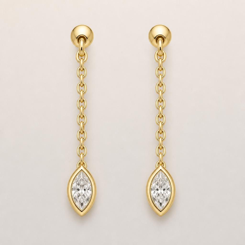 A women's earrings made of gold with diamond stones. une boucle d'oreille pendante avec un solitaire de diamant en serti clos au bout d'une chaîne en or en maille cheval d'environ 1.5cm . Le diamant sera en taille marquise.
photorealistic jewelry design, A women's earrings made of gold with diamond stones. une boucle d'oreille pendante avec un solitaire de diamant en serti clos au bout d'une chaîne en or en maille cheval d'environ 1.5cm . Le diamant sera en taille marquise., modern style, just the design no text