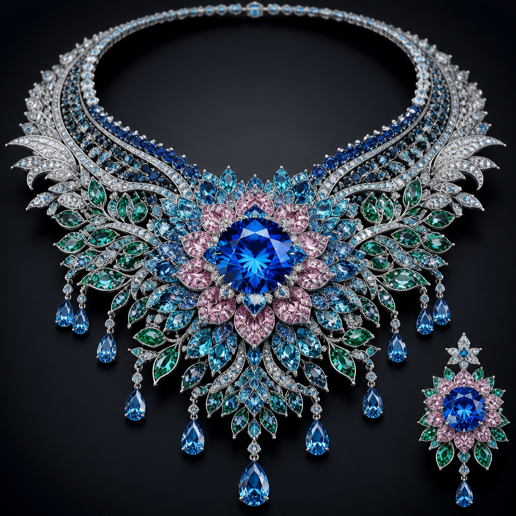A luxury women's necklace made of platinum with diamond and sapphire and emerald and turquoise stones suitable for wedding. 💧theme is necklace inspired by the universe Royal garden and the ancient treasure
💧the gemstone
a gaint blue sapphire at the centre like a blooming flower
inside it appears a 6 pointed star when lights falls on it
💧 surrounding gemstones
64 white diamonds surrounded like shining stars
paraíba tourmalines in Ocean blue shades flowing like a river around the center
pink diamonds forming a delicate flower petals
emeralds shaped like leaves
tiny black oplas the flash a green red and blue like galaxies
special
💧 special design
the necklace gradually changes from silver white diamonds near the neck to Deep blue sapphires near the center creating the effect in the night sky
hidden gemstones at the back make it beautiful from every angle
a detachable gemstone drop can be own as a brooch
💧 occasions
Royal coronation
luxury galas
Red carpet event
wedding of Kings queens or celebrities
museum exhibition of rare jewellery
💧 details
layered petals around the sapphire
star shaped patterns
hanging crystal drops
curd elegant wings at the both side
deep blue sapphire
silver white platinum
white sparkle accent
name -eternal Cosmos necklace
photorealistic jewelry design, A luxury women's necklace made of platinum with diamond and sapphire and emerald and turquoise stones suitable for wedding. 💧theme is necklace inspired by the universe Royal garden and the ancient treasure
💧the gemstone
a gaint blue sapphire at the centre like a blooming flower
inside it appears a 6 pointed star when lights falls on it
💧 surrounding gemstones
64 white diamonds surrounded like shining stars
paraíba tourmalines in Ocean blue shades flowing like a river around the center
pink diamonds forming a delicate flower petals
emeralds shaped like leaves
tiny black oplas the flash a green red and blue like galaxies
special
💧 special design
the necklace gradually changes from silver white diamonds near the neck to Deep blue sapphires near the center creating the effect in the night sky
hidden gemstones at the back make it beautiful from every angle
a detachable gemstone drop can be own as a brooch
💧 occasions
Royal coronation
luxury galas
Red carpet event
wedding of Kings queens or celebrities
museum exhibition of rare jewellery
💧 details
layered petals around the sapphire
star shaped patterns
hanging crystal drops
curd elegant wings at the both side
deep blue sapphire
silver white platinum
white sparkle accent
name -eternal Cosmos necklace, luxury style, just the design no text