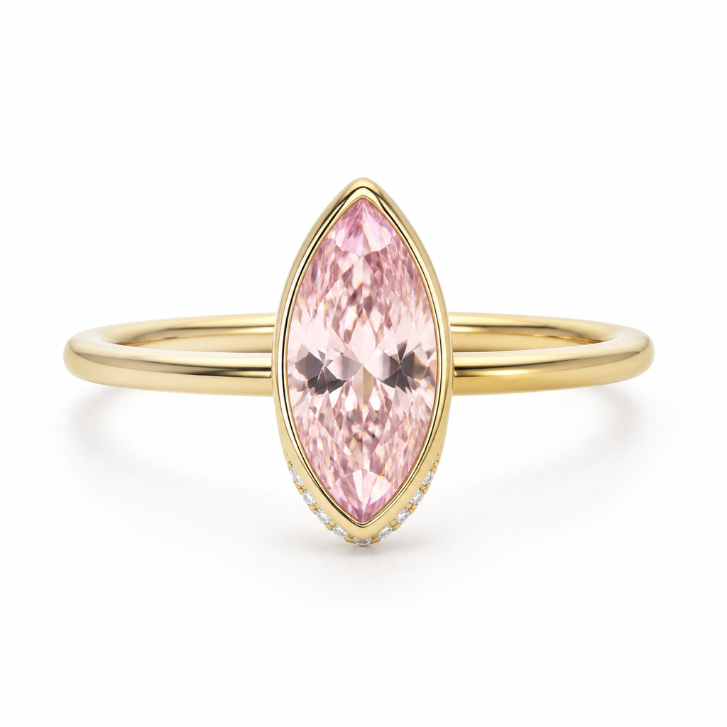 A women's ring. "Create an elegant engagement ring featuring a 2-carat marquise-cut pink lab-grown diamond as the center stone. The diamond should be a soft blush pink color with excellent brilliance. Set the stone in a thin yellow gold bezel (gold rim) setting that follows the shape of the marquise diamond. The band should be slim, polished, and made of 18k yellow gold. The design should be timeless, feminine, luxurious, and inspired by old-money elegance. High-end jewelry photography, realistic lighting, ultra-detailed, photorealistic, luxury engagement ring, white backgrounds "2-carat marquise-cut pink lab-grown diamond in a yellow gold bezel setting with a delicate hidden halo of small diamonds underneath the center stone, thin 18k yellow gold band, elegant old-money style, subtle sparkle, luxurious and timeless."
photorealistic jewelry design, A women's ring. "Create an elegant engagement ring featuring a 2-carat marquise-cut pink lab-grown diamond as the center stone. The diamond should be a soft blush pink color with excellent brilliance. Set the stone in a thin yellow gold bezel (gold rim) setting that follows the shape of the marquise diamond. The band should be slim, polished, and made of 18k yellow gold. The design should be timeless, feminine, luxurious, and inspired by old-money elegance. High-end jewelry photography, realistic lighting, ultra-detailed, photorealistic, luxury engagement ring, white backgrounds "2-carat marquise-cut pink lab-grown diamond in a yellow gold bezel setting with a delicate hidden halo of small diamonds underneath the center stone, thin 18k yellow gold band, elegant old-money style, subtle sparkle, luxurious and timeless.", modern style, just the design no text