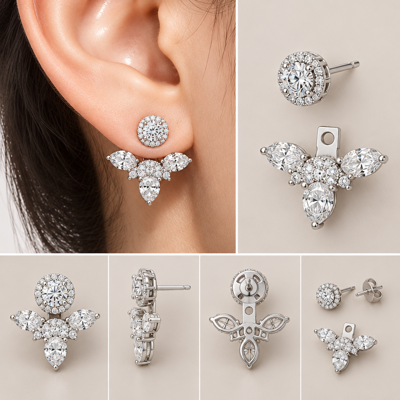 A women's earrings. ตามแบบที่แนบเปลี่ยนในวงกลมสีแดงเป็นเม็ดเดี่ยวล้อม, สามารถถอดออกเป็นส่วนๆได้, อ่อมให้หู,4 views
using the attached image as a visual reference, create A women's earrings. ตามแบบที่แนบเปลี่ยนในวงกลมสีแดงเป็นเม็ดเดี่ยวล้อม, สามารถถอดออกเป็นส่วนๆได้, อ่อมให้หู,4 views. photorealistic, just the design no text