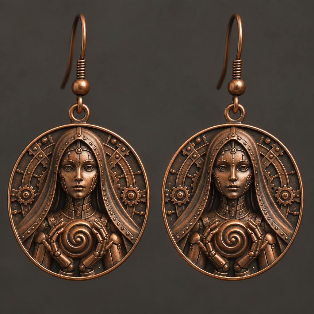 A steampunk women's earrings made of copper suitable for daily wear. a a android woman with vail facing foward holding a spiral on a coin style
photorealistic jewelry design, A steampunk women's earrings made of copper suitable for daily wear. a a android woman with vail facing foward holding a spiral on a coin style, steampunk style, just the design no text