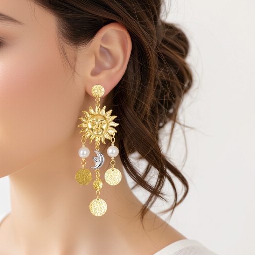 Золотые серьги словно мятое золото в форме солнца с волнистыми лучами крепится к застежке серьги. К нижней части солнца крепятся подвески: миниатюрная серебристая луна, очень маленький жемчуг и маленький золотой кружочек с мятым эффектом плоский