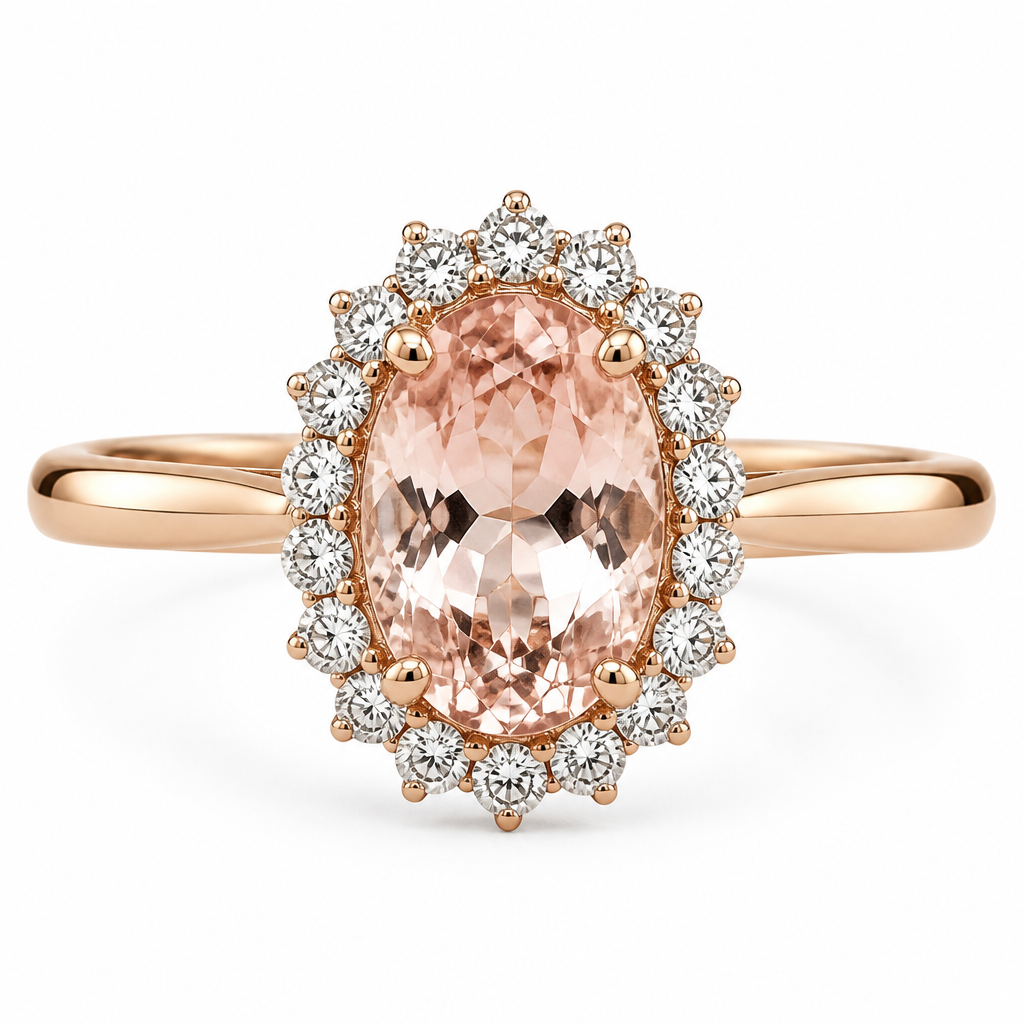 Design a cluster ring in rose gold with a 6x4mm oval pink Morganite and 8 x 3mm/0.10cts Round diamonds around the centre stone. The band has no stones.
photorealistic jewelry design, just the design, no text, Rose gold ring, oval pink Morganite in claw setting, surrounded by round diamonds. Plain rose gold band.