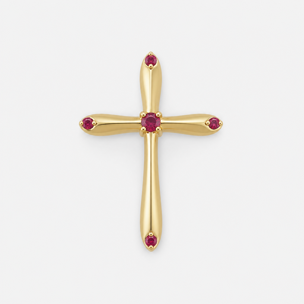 Dainty and feminine Gold cross with rubies, majority gold . Hidden bail
photorealistic jewelry design, Dainty and feminine Gold cross with rubies, majority gold . Hidden bail, minimalist style, just the design no text