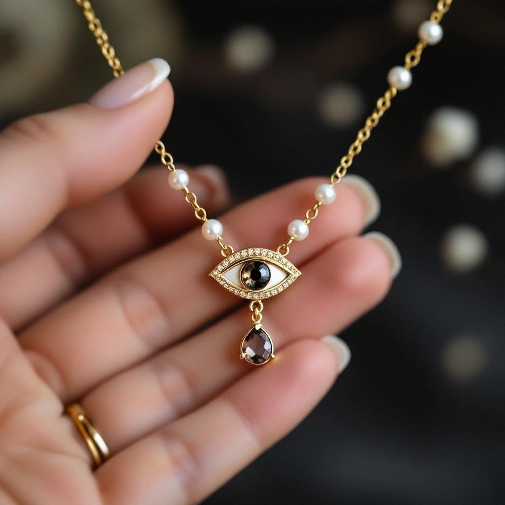 Тонкая цепочка с золотыми шариками и мелкими жемчужными камушками на цепочке есть кулон в форме глаза, зрачок глаза из раухтопаза от глаза идет маленькая подвеска с маленьким камушком 