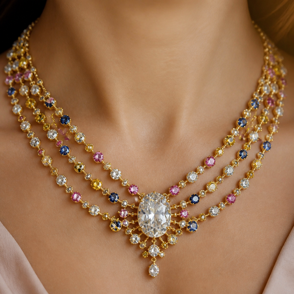A golden necklace, several lines down the neck decorated along with small round cut sapphires, colors of white, pink, yellow, and blue. with a large oval cut diamond in the middle.
photorealistic jewelry design, A golden necklace, several lines down the neck decorated along with small round cut sapphires, colors of white, pink, yellow, and blue. with a large oval cut diamond in the middle., royal style, just the design no text